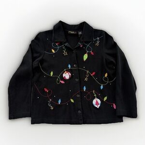Onque Casuals Christmas Sweater Women's Medium Embroidered Button Up‎